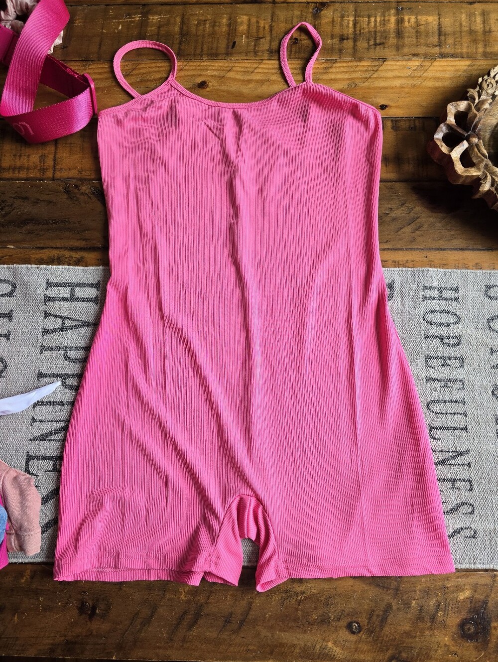 Hot Pink Ribbed Spaghetti Strap Romper